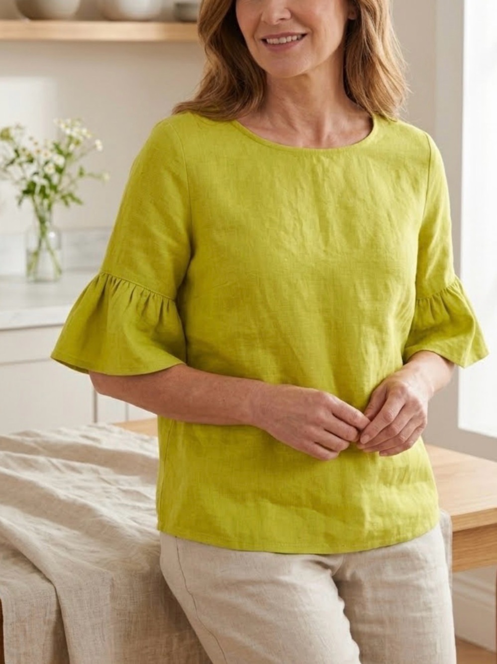 Bryn Walker Light Linen Fran Shirt Bell Sleeve Top in Vireo Green Size M 0343
